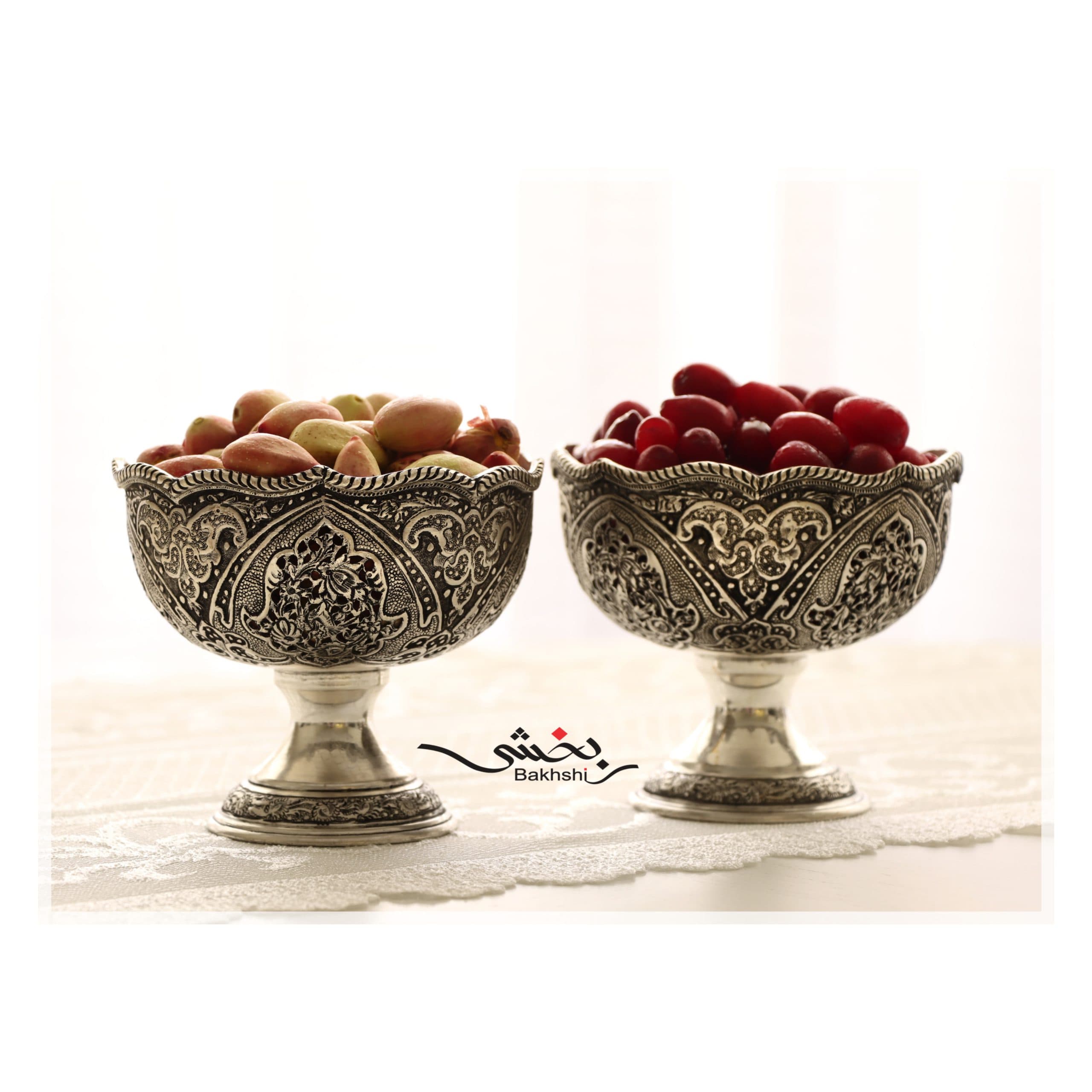 کاسه شش تایی نقره قلم گل و مرغ و مشبک اعلا _ عیار 90% _ 1284 گرم
