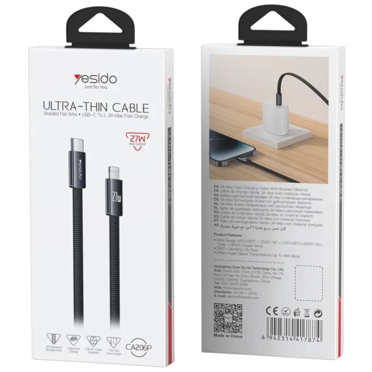 کابل شارژ 1.2 متری PD و فست Yesido Type-C To Lightning مدل CA206P 27W – مشکی (گارانتی شش ماه تعویض نیکان همراه) — تصویر ۲