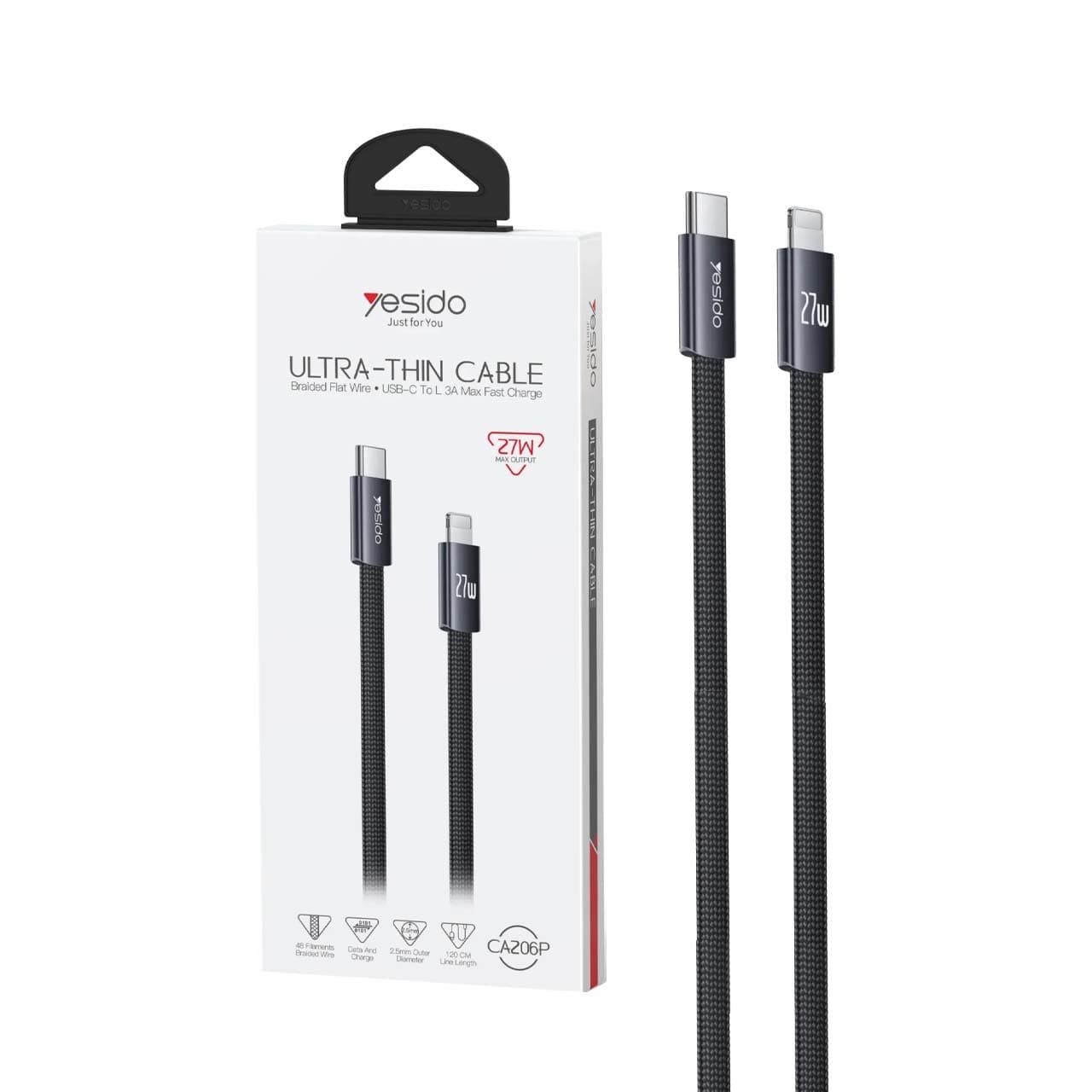 کابل شارژ 1.2 متری PD و فست Yesido Type-C To Lightning مدل CA206P 27W – مشکی (گارانتی شش ماه تعویض نیکان همراه)