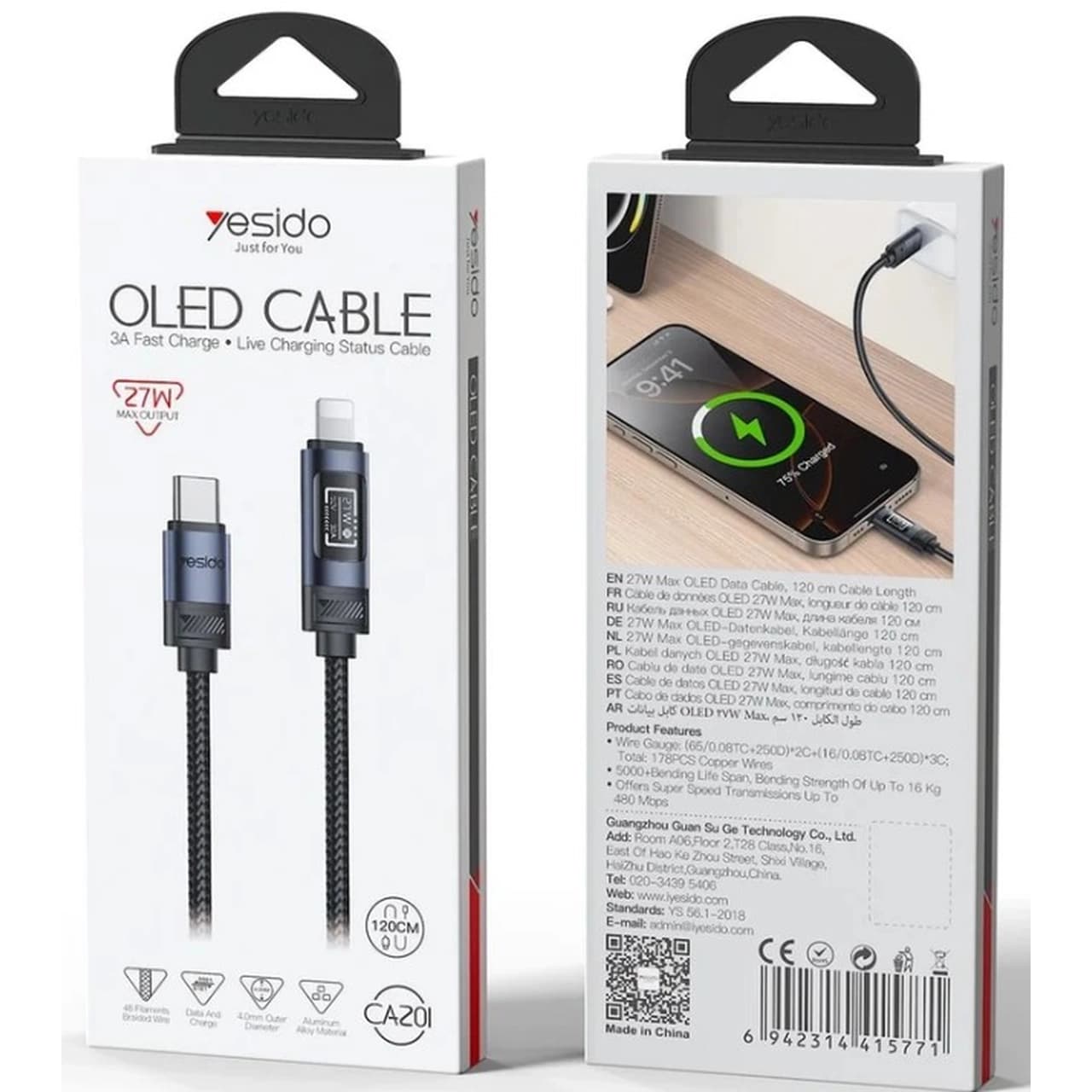 کابل شارژ 1.2 متری PD و فست Yesido Type-C To Lightning مدل CA201 27W – مشکی (گارانتی شش ماه تعویض نیکان همراه) — تصویر ۲