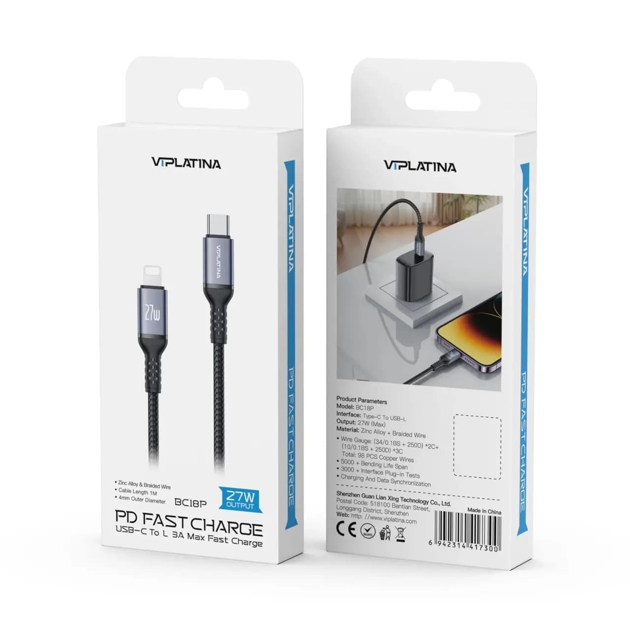 کابل شارژ PD و فست VIPLATINA Type-C To Lightning مدل BC18P 27W – مشکی (گارانتی شش ماه تعویض نیکان همراه) — تصویر ۶