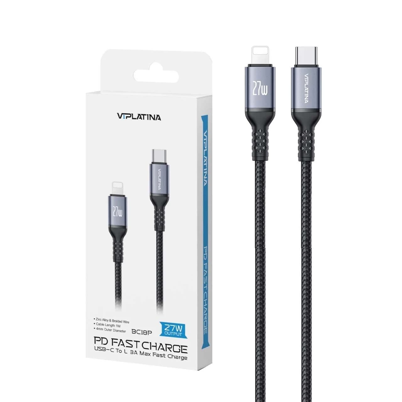 کابل شارژ PD و فست VIPLATINA Type-C To Lightning مدل BC18P 27W – مشکی (گارانتی شش ماه تعویض نیکان همراه) — تصویر ۳