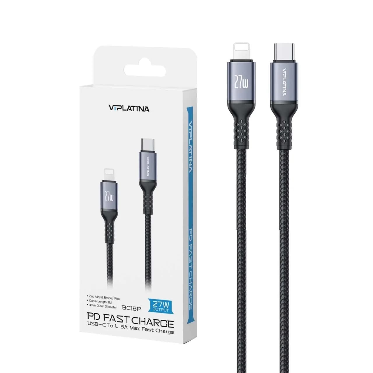 کابل شارژ PD و فست VIPLATINA Type-C To Lightning مدل BC18P 27W – مشکی (گارانتی شش ماه تعویض نیکان همراه) — تصویر ۵