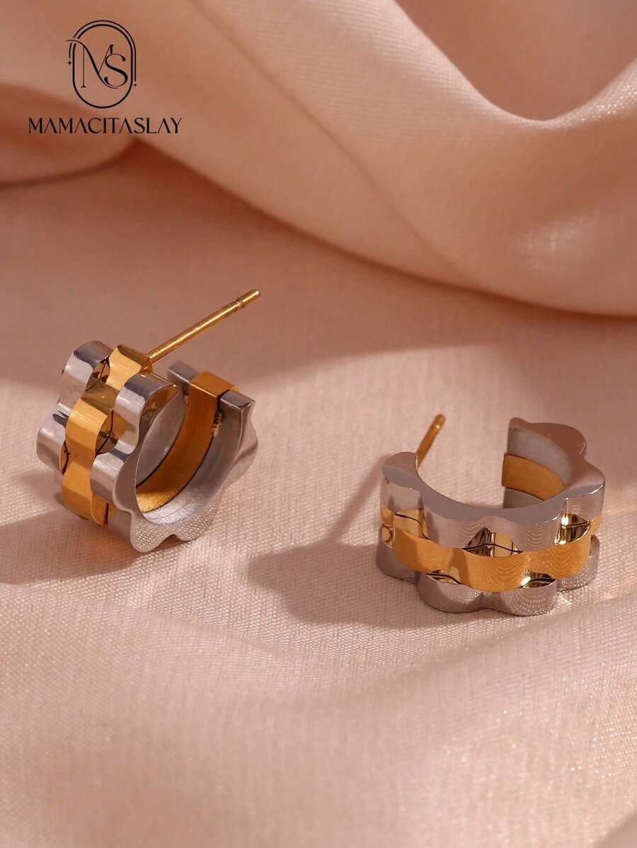 MamacitaSlay — 1 جفت گوشواره حلقهای کاف گلشکل دو رنگ (فولاد ضد زنگ)