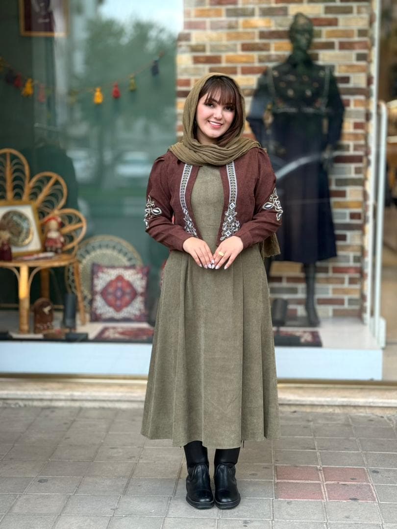 کت و سارافون نازلی کبریتی زیتونی قهوه ای