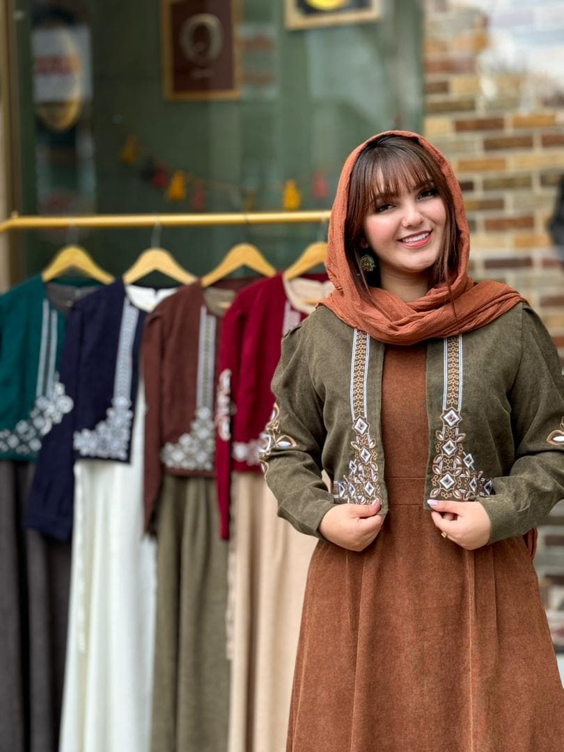 کت و سارافون نازلی کبریتی قهوه ای شکلاتی زیتونی — تصویر ۸