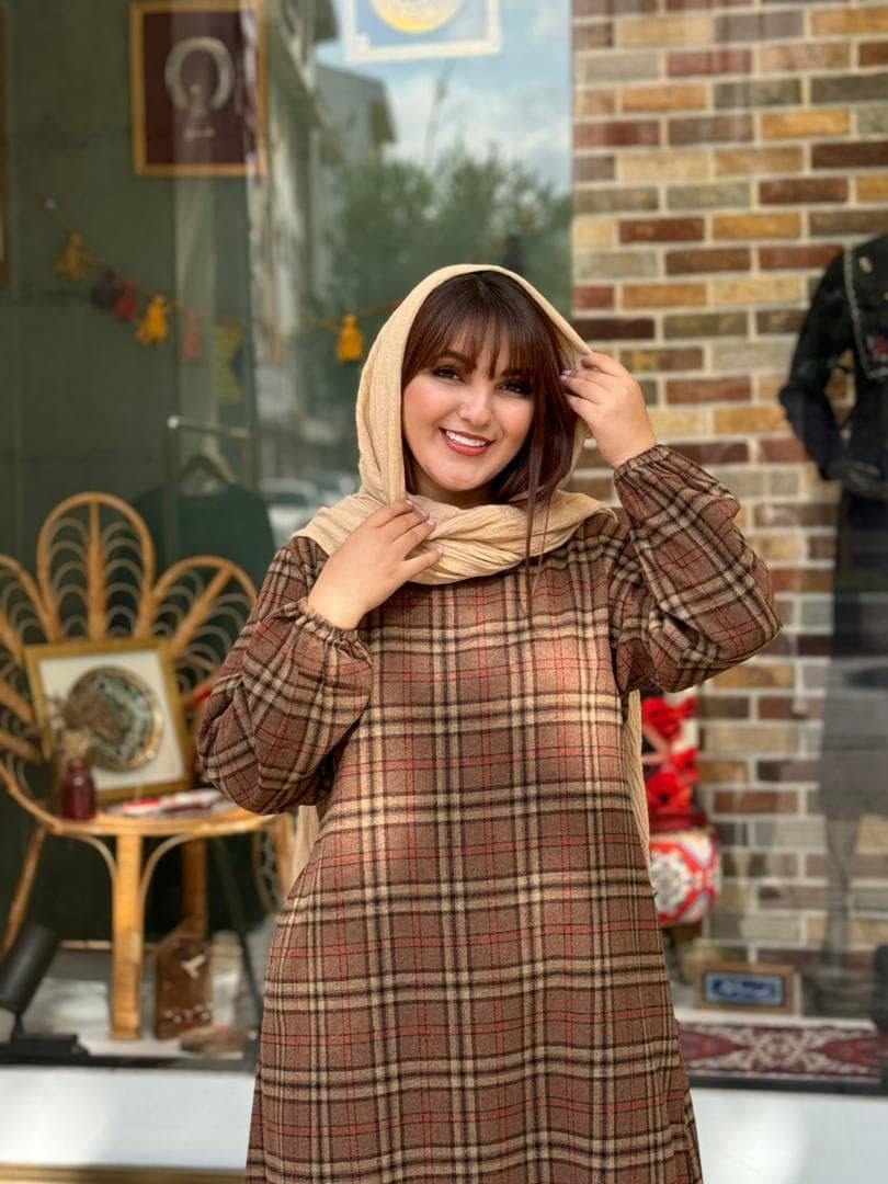 پیراهن رستا چهارخونه قهوه ای کرم — تصویر ۲
