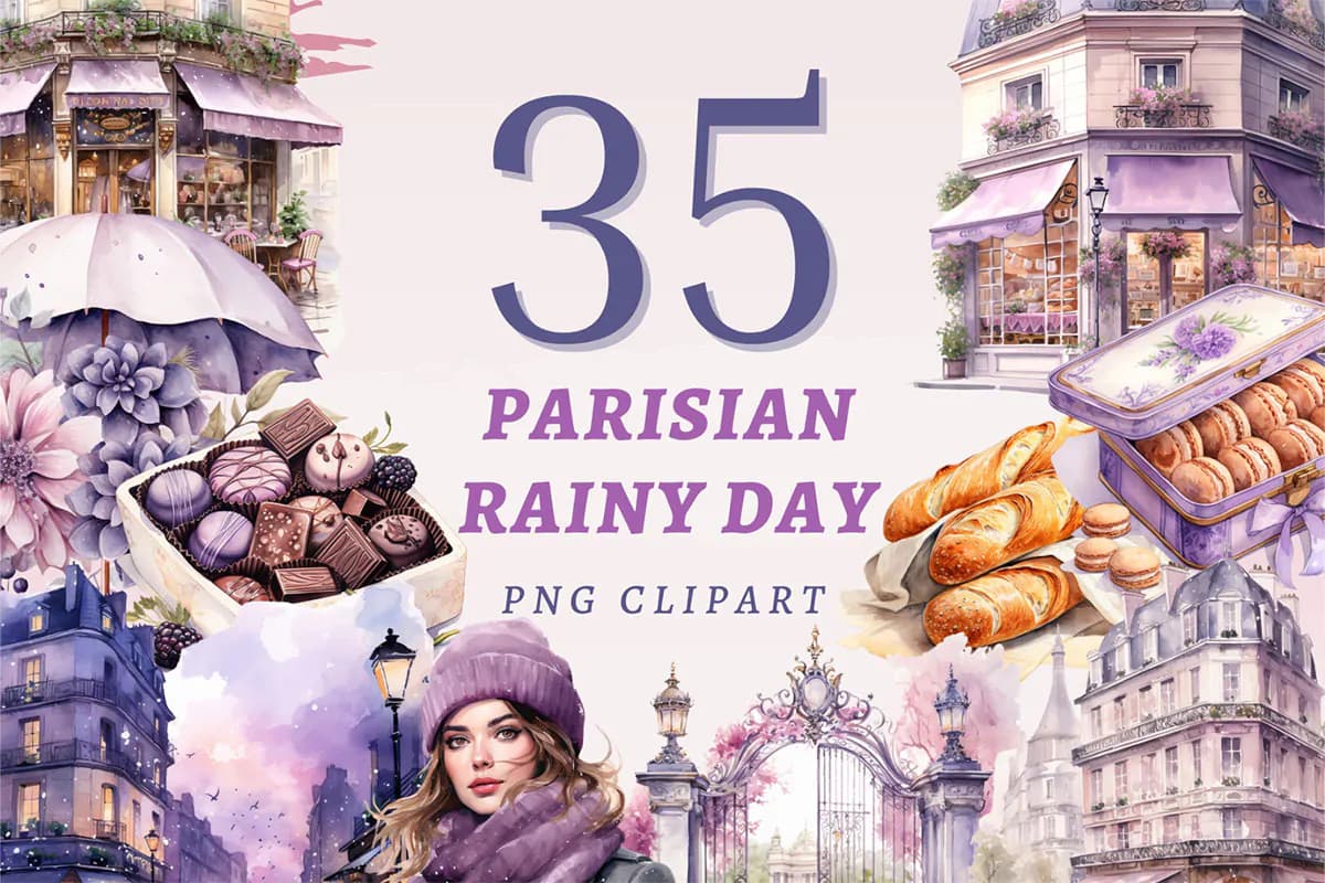 35 طرح آبرنگی شهر پاریس در روز بارانی