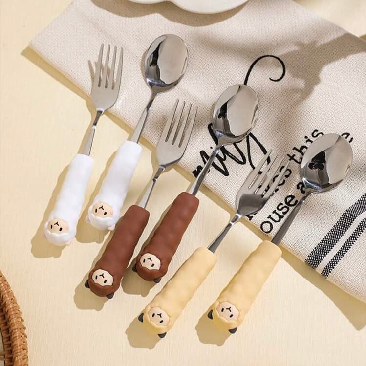 قاشق چنگال استیل دسته سیلیکونی طرح ببعی (بره) 3رنگ