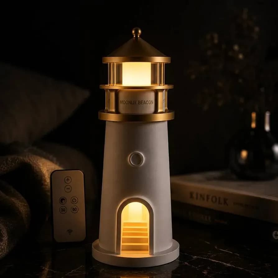 چراغ خواب طرح فانوس دریایی Moonlit Beacon شارژی با پروژکتور ماه 360 درجه و ریموت — تصویر ۵