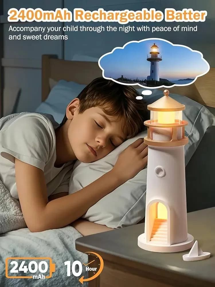 چراغ خواب طرح فانوس دریایی Moonlit Beacon شارژی با پروژکتور ماه 360 درجه و ریموت — تصویر ۷