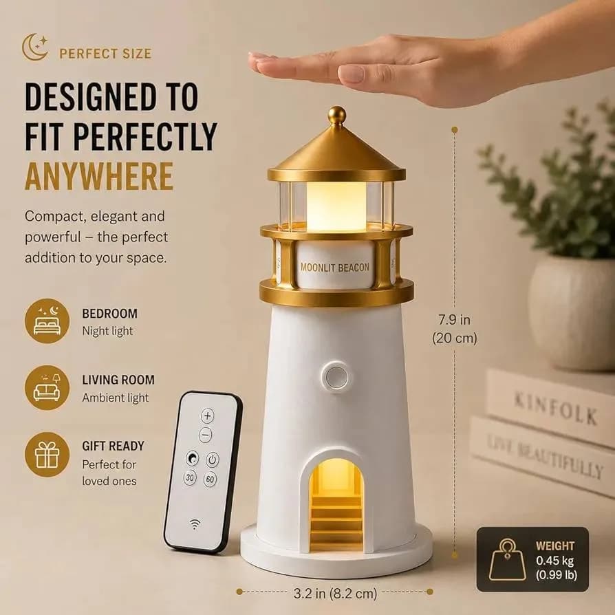 چراغ خواب طرح فانوس دریایی Moonlit Beacon شارژی با پروژکتور ماه 360 درجه و ریموت — تصویر ۸