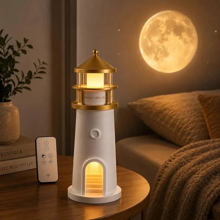 چراغ خواب طرح فانوس دریایی Moonlit Beacon شارژی با پروژکتور ماه 360 درجه و ریموت — تصویر ۲