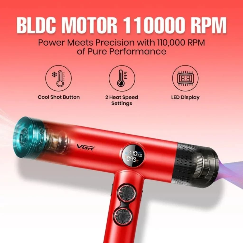 سشوار حرفه‌ای VGR مدل V-401 موتور BLDC با توان 1900 وات و دور موتور 110,000 RPM — تصویر ۸