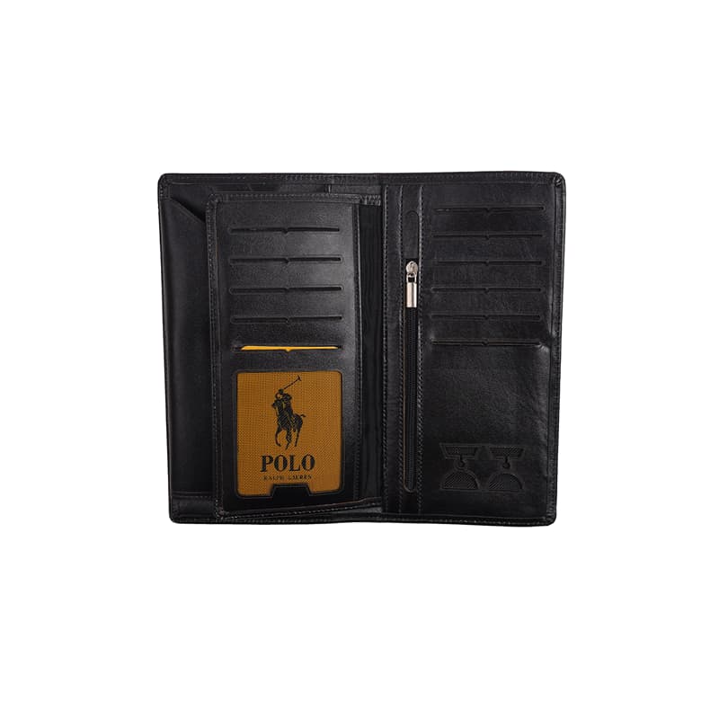 کیف پول جاکارتی و جا موبایلی مردانه چرم مشکی طرح polo — تصویر ۴