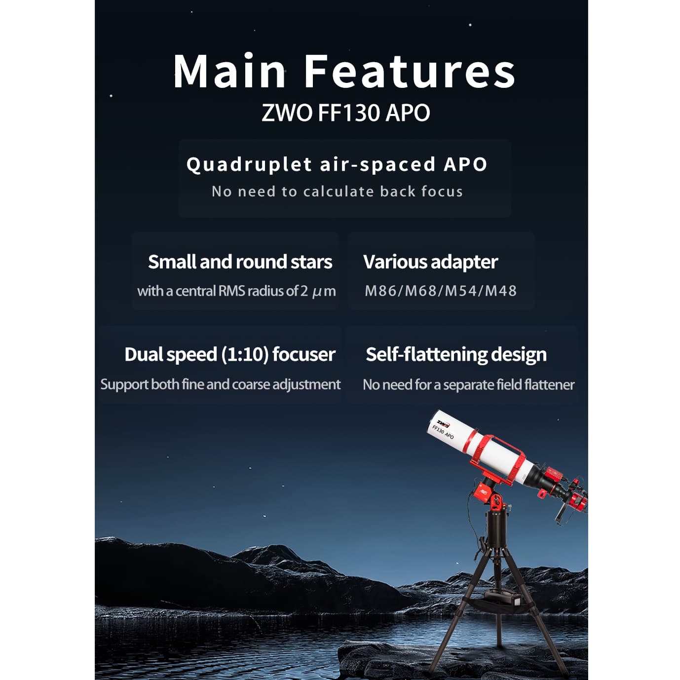 تلسکوپ شکستی 130 میلیمتری ZWO مدل FF130 Apo — تصویر ۵