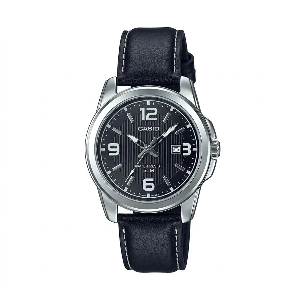 ساعت مردانه کاسیو mtp-1314l-8b کلاسیک فریم دایره استیل بند چرم مشکی صفحه ای مشکی
