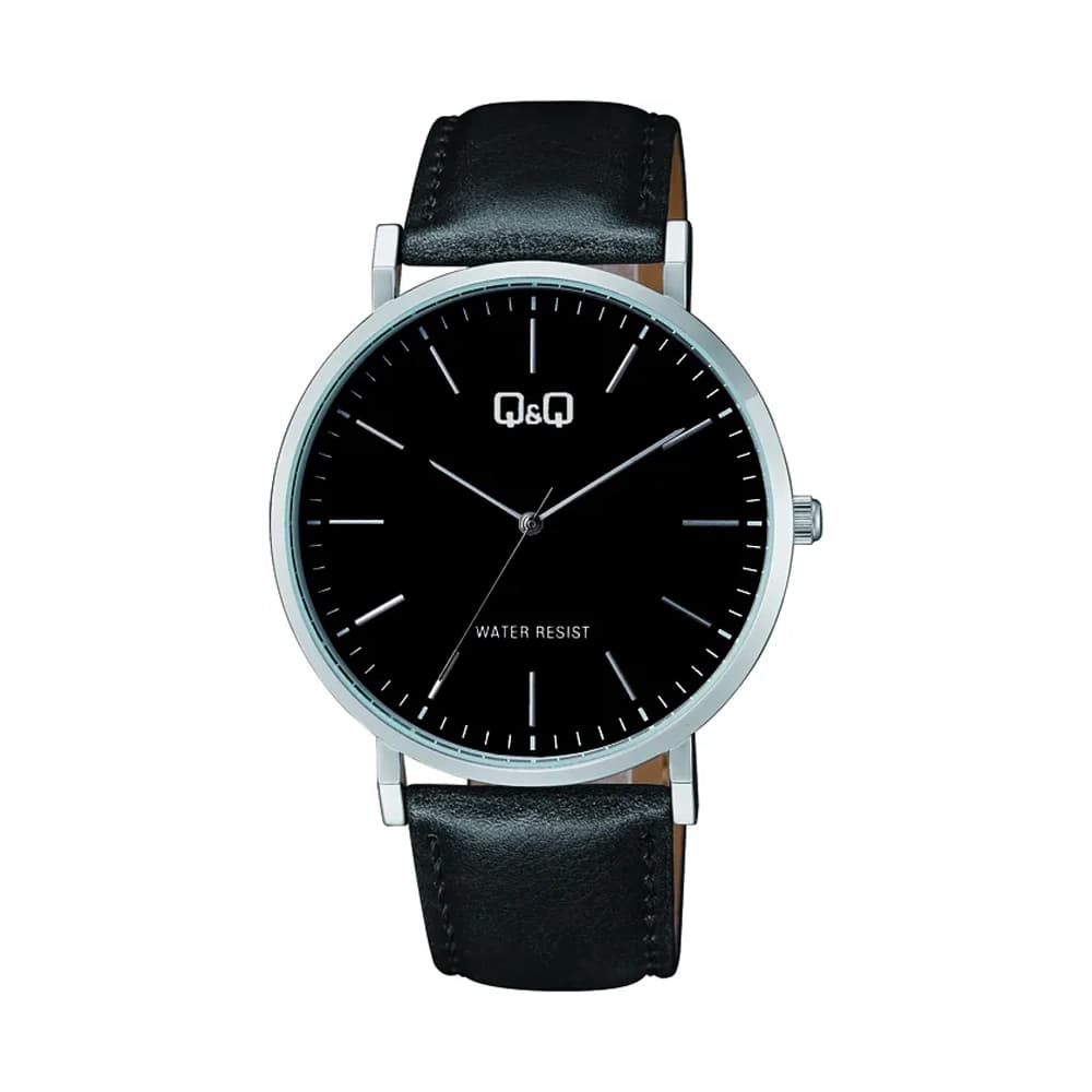 ساعت کیو اند کیو مردانه c43a-002py کلاسیک کوارتز فریم دایره استیل بند چرم مشکی صفحه مشکی