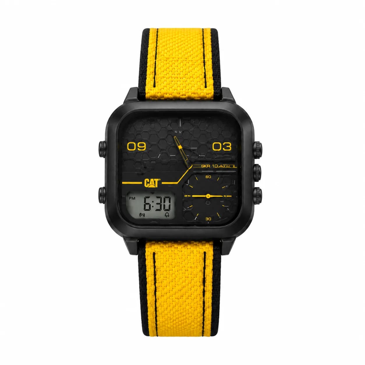 ساعت کت مردانه اسپرت AS-169-21-137کوارتز DUAL TIME فریم مربعی استیل مشکی بندرابر دو رنگ زرد مشکی صفحه مشکی