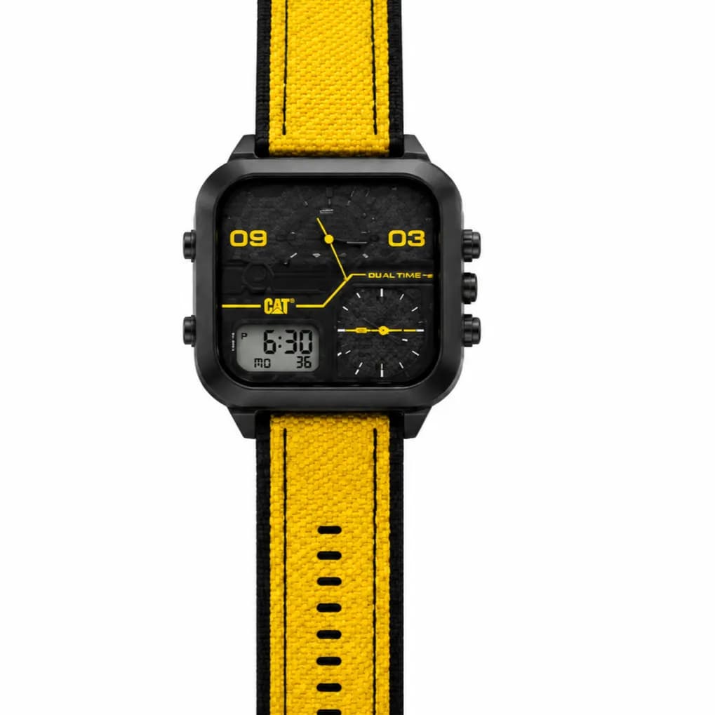 ساعت کت مردانه اسپرت AS-169-21-137کوارتز DUAL TIME فریم مربعی استیل مشکی بندرابر دو رنگ زرد مشکی صفحه مشکی — تصویر ۲