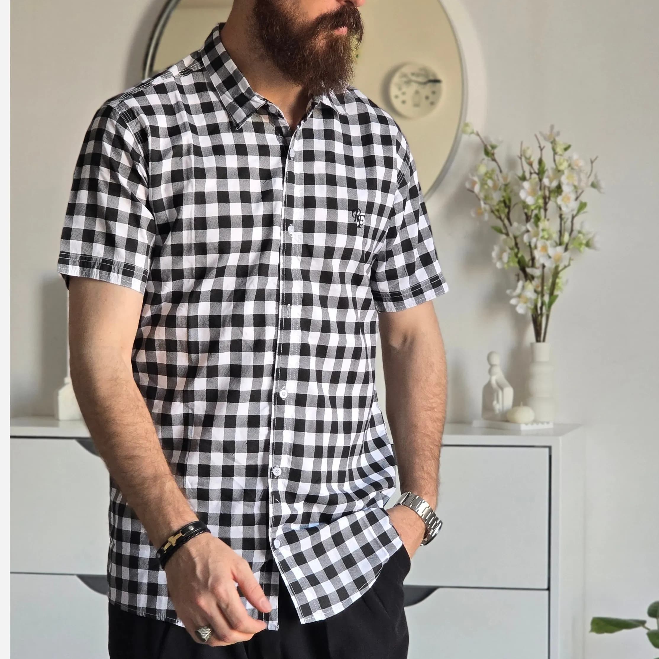 پیراهن آستین کوتاه مردانه چهارخونه نخی سایز M تا XXL — تصویر ۲