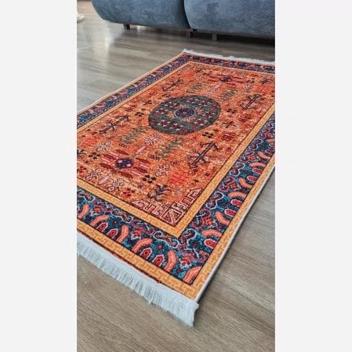 فرش ماشینی چاپی | فرشینه هازان ترک زمینه نارنجی کدO149 (پس کرایه) — تصویر ۲