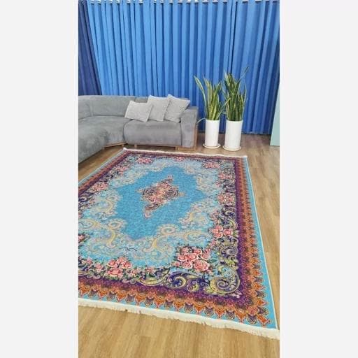 فرش ماشینی چاپی | فرشینه هازان ترک طرح ابریشمی آبی 084 (پس کرایه) — تصویر ۴