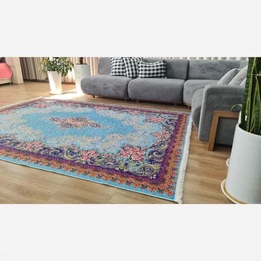 فرش ماشینی چاپی | فرشینه هازان ترک طرح ابریشمی آبی 084 (پس کرایه) — تصویر ۵