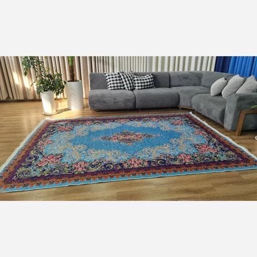 فرش ماشینی چاپی | فرشینه هازان ترک طرح ابریشمی آبی 084 (پس کرایه) — تصویر ۸