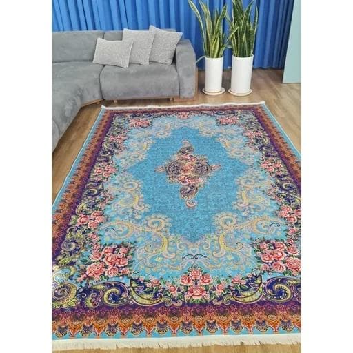 فرش ماشینی چاپی | فرشینه هازان ترک طرح ابریشمی آبی 084 (پس کرایه) — تصویر ۳