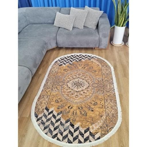 فرش ماشینی چاپی | فرشینه بیضی مدرن هازان ترک h482 (پس کرایه) — تصویر ۲
