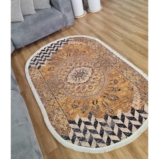 فرش ماشینی چاپی | فرشینه بیضی مدرن هازان ترک h482 (پس کرایه)