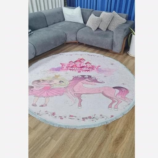 فرش ماشینی چاپی | فرشینه کودک هازان ترک دایره طرح اسب تک شاخ (پس کرایه) — تصویر ۳
