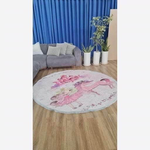 فرش ماشینی چاپی | فرشینه کودک هازان ترک دایره طرح اسب تک شاخ (پس کرایه) — تصویر ۲