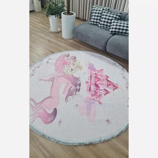 فرش ماشینی چاپی | فرشینه کودک هازان ترک دایره طرح اسب تک شاخ (پس کرایه) — تصویر ۴