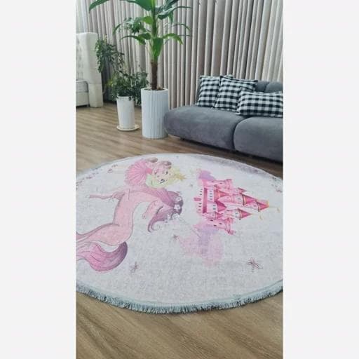 فرش ماشینی چاپی | فرشینه کودک هازان ترک دایره طرح اسب تک شاخ (پس کرایه) — تصویر ۷