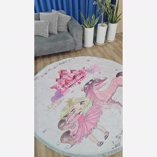 فرش ماشینی چاپی | فرشینه کودک هازان ترک دایره طرح اسب تک شاخ (پس کرایه) — تصویر ۸