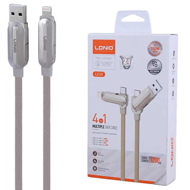 کابل شارژ چندکاره فست شارژ 100 وات الدینیو LC25 طول 1.2 متر