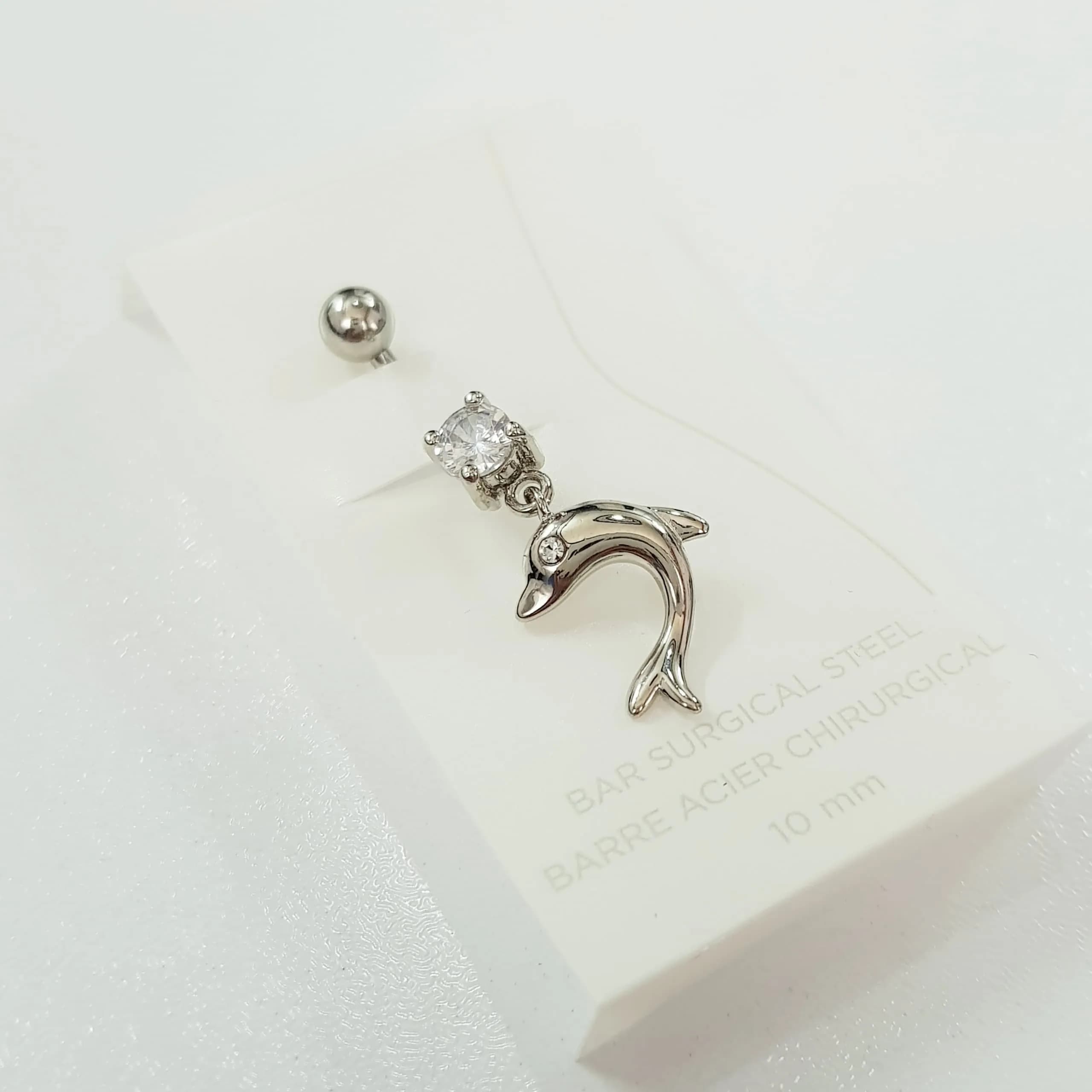 پیرسینگ ناف آویز دلفین نگین دار ، جنس استیل جراحی (Surgical Steel)