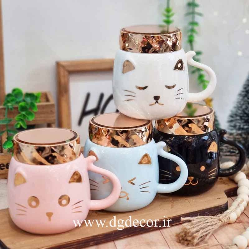 ماگ درب پیچی گربه رنگی سرامیکی