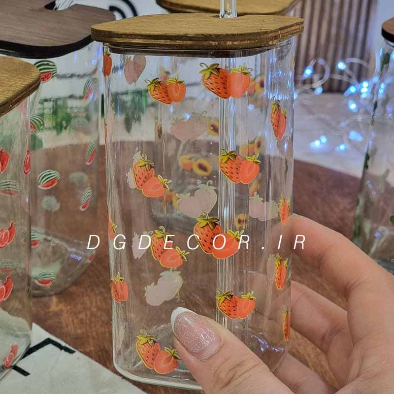 لیوان اسموتی درب چوبی طرح میوه — تصویر ۸