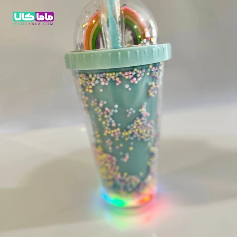اسموتی کاپ دوجداره موزیکال و چراغدار مدل رنگین کمان (سبز آبی) — تصویر ۲