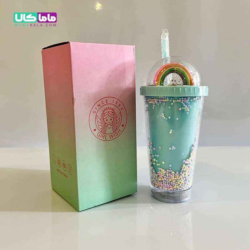 اسموتی کاپ دوجداره موزیکال و چراغدار مدل رنگین کمان (سبز آبی)