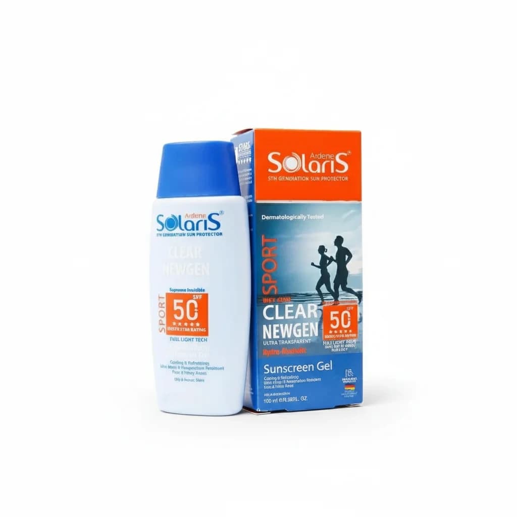 ژل بی رنگ ضد افتاب سولاریس اردن SPF50 مدل اسپرت کلیر نیوژن 100 میلی لیتر ( بدون رنگ 100% نامرئی پوست چرب – مقاوم تعریق و شستشو )