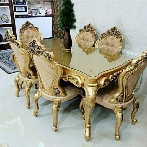 میز و صندلی پلیمری شش نفره طلایی مات مبلمان فرنا مدل 1113934