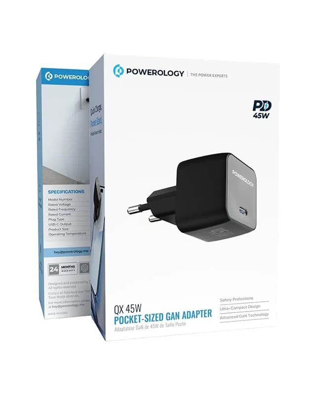 آداپتور شارژ 45W پاورولوژی با کابل تایپ سی Powerology QX 45W GaN Adapter PWCUQC056 — تصویر ۵