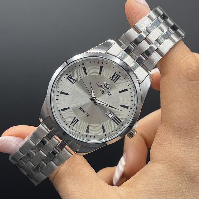 ساعت الگانس مردانه صفحه سفید بابند استیل نقره ای elegance