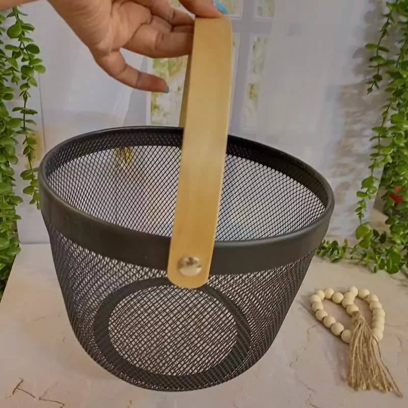 سبد فلزی ایکیا طرح دایره با دسته چوبی وارداتی — تصویر ۲