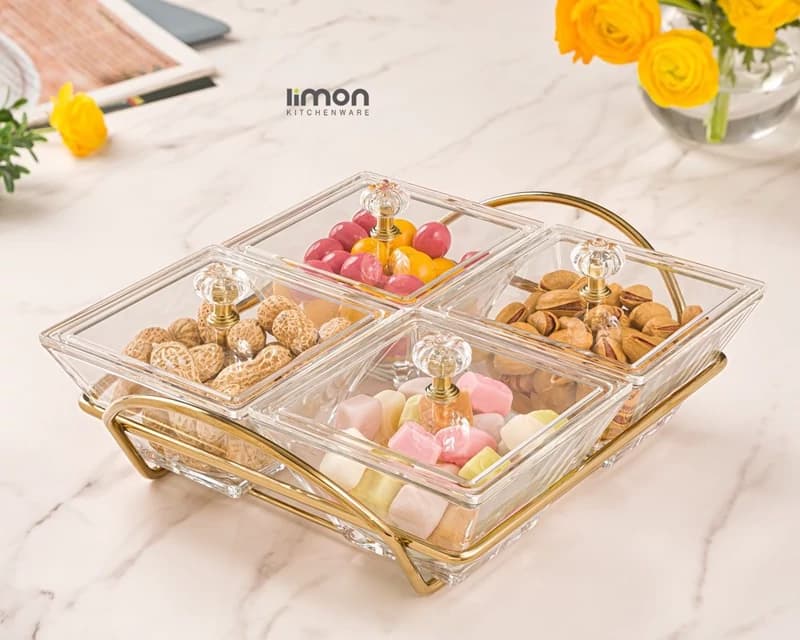 اردو خوری شیشه ای لیمون مربع 4 خانه کد 210800 — تصویر ۲