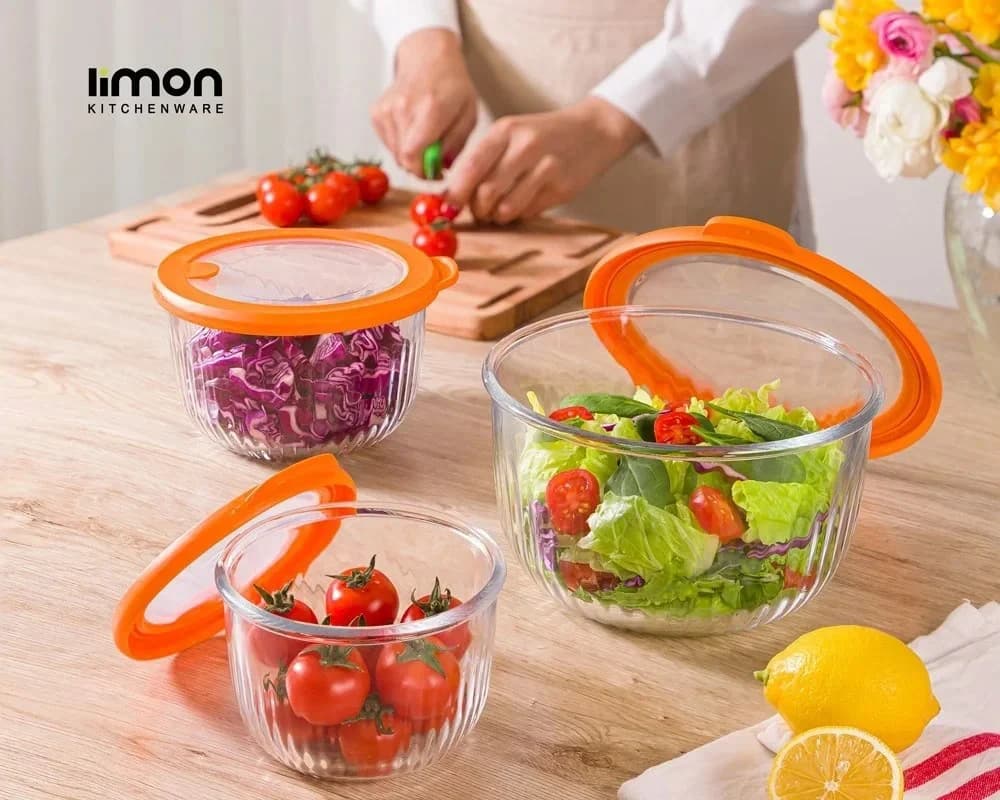 ست کاسه گرد شیشه ای لیمون درب‌دار شیار دار کد 240400 — تصویر ۲